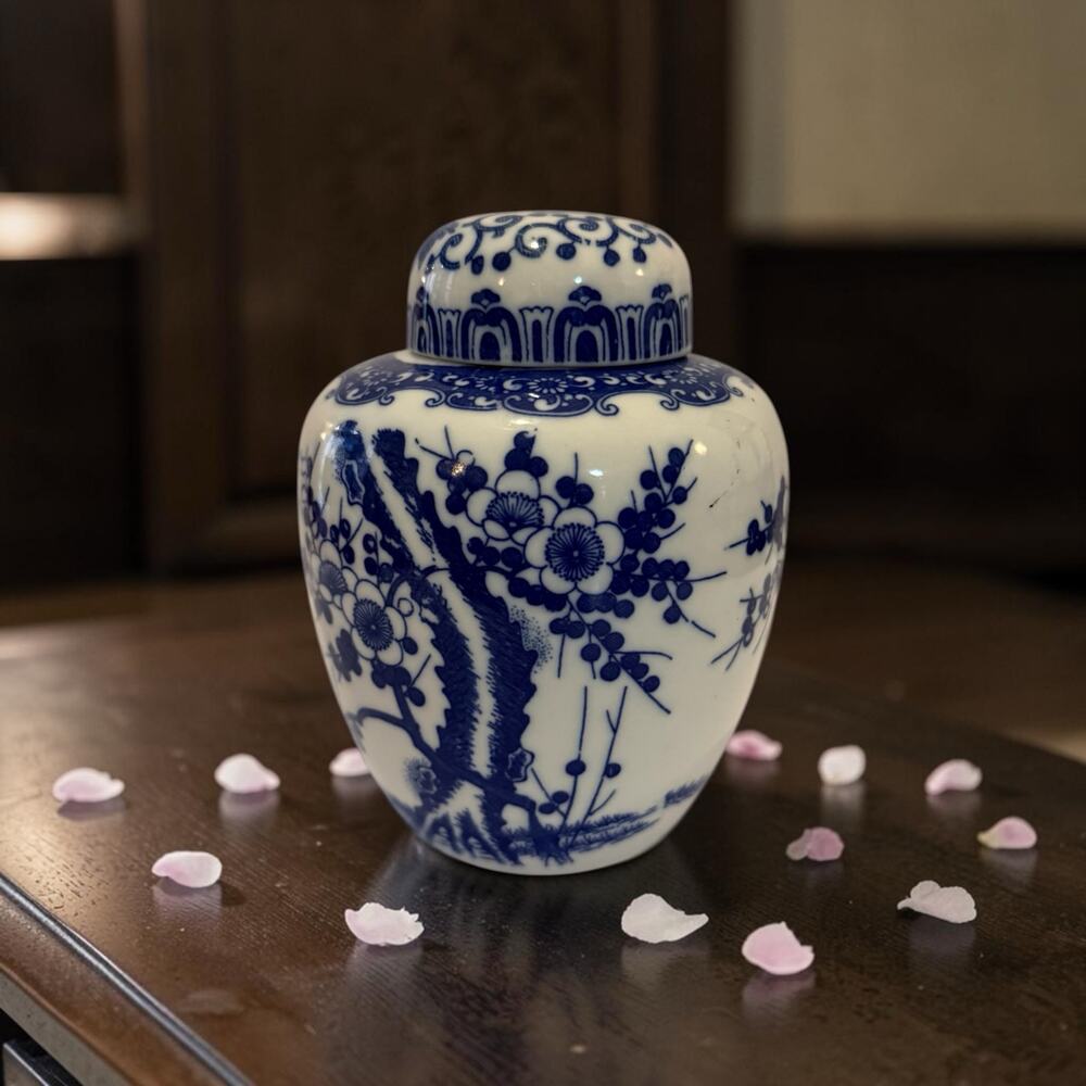 Vintage Blue and White Ginger Jar with Lid Prunus Blossom Floral Design 6"